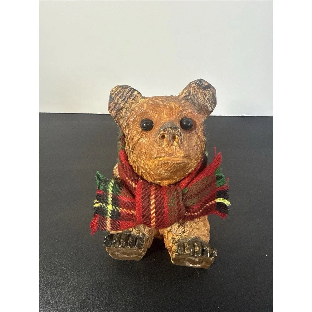 Grizzly Bear Figure Carved‎ Look Resin Wearing A Plaid Scarf Pre Owned